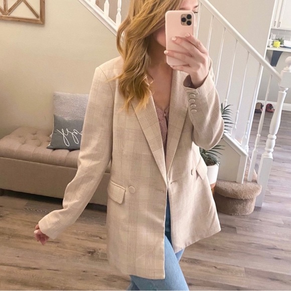 NWT House of Harlow 1960 Tan and Cream Plaid Blazer Sz XS - Picture 2 of 7